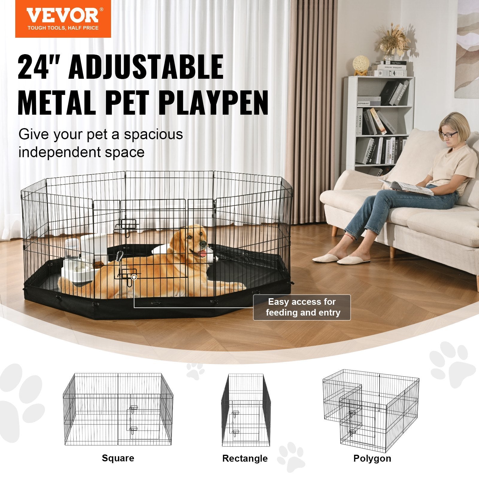 VEVOR Dog Playpen, 8 Panels Foldable Metal Dog Exercise Pen with Bottom Pad, 24" H Doba
